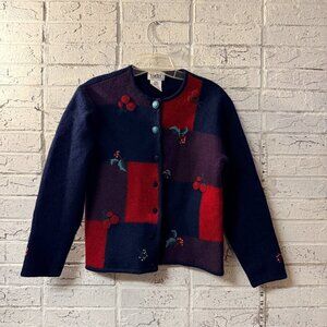Vintage Tabi International Wool Cardigan Sweater – Red & Navy Patchwork Berry